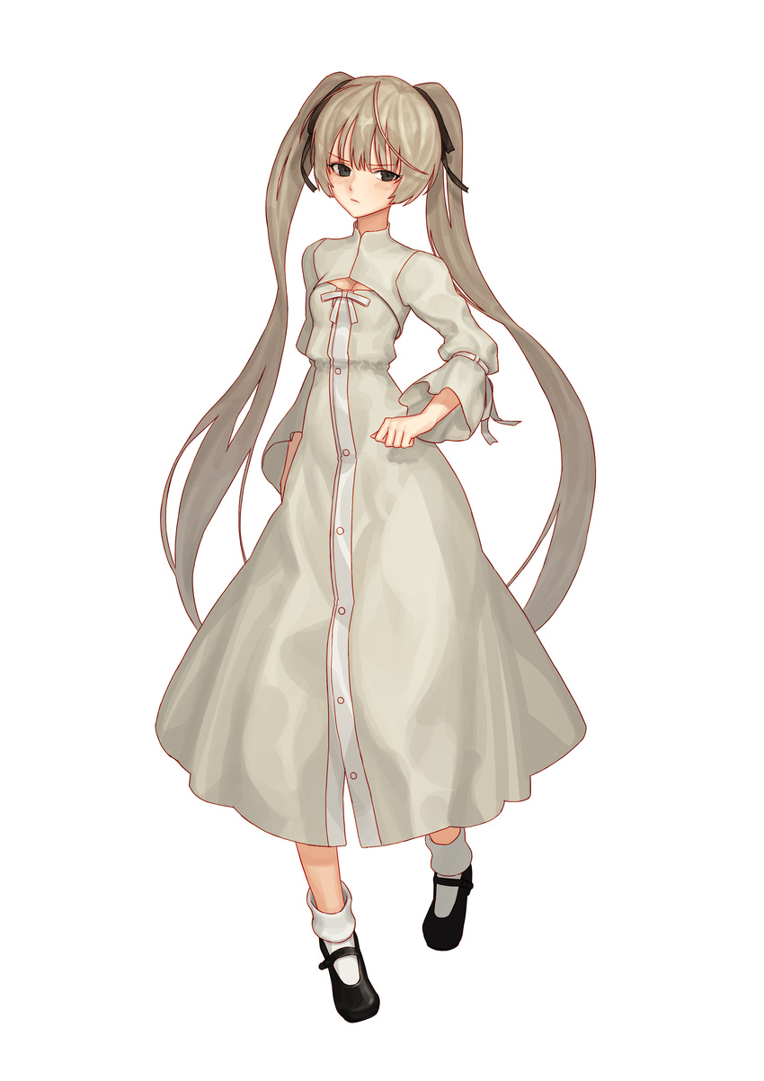 absurdres ahoge black_eyes black_footwear black_ribbon blush bobby_socks breasts brown_hair buttons cha_jae cleavage cleavage_cutout closed_mouth dress expressionless eyebrows eyebrows_visible_through_hair full_body grey_dress hair_ribbon highres kasugano_sora long_sleeves looking_at_viewer mary_janes ribbon shoes simple_background small_breasts socks solo twintails walking white_background white_legwear white_ribbon yosuga_no_sora