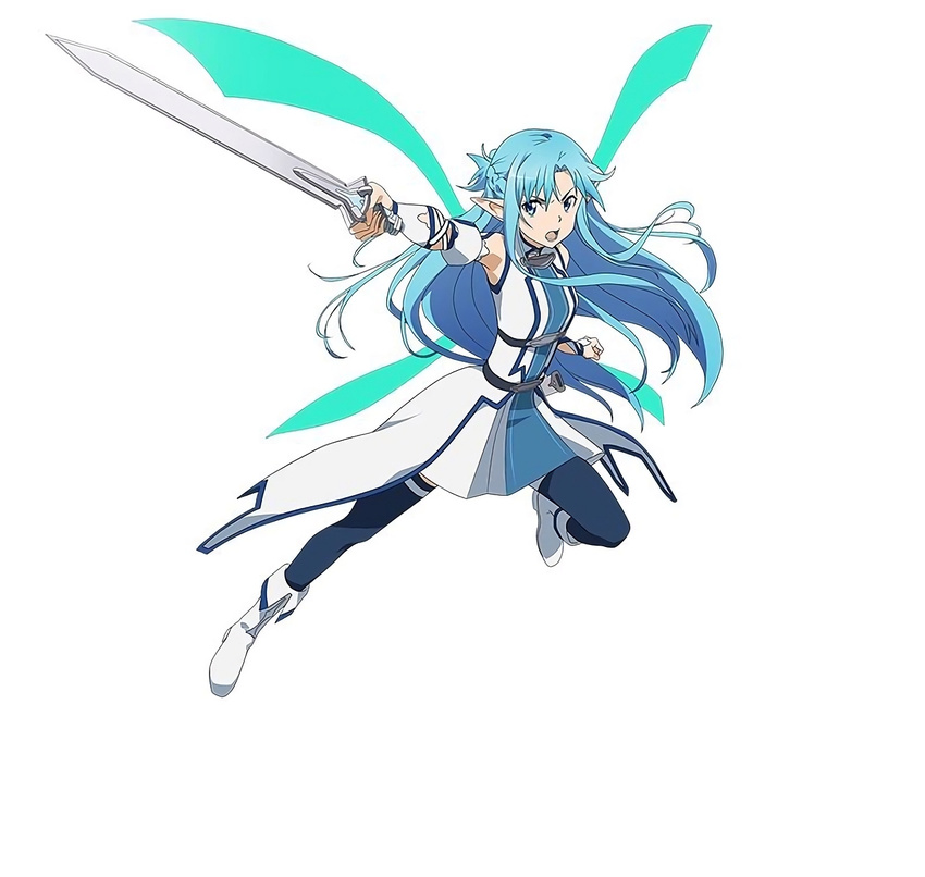 asuna_(sao) asuna_(sao-alo) blue_eyes blue_hair blue_legwear full_body highres holding holding_sword holding_weapon long_hair official_art open_mouth pointy_ears simple_background solo sword sword_art_online sword_art_online:_code_register thighhighs weapon white_background wings