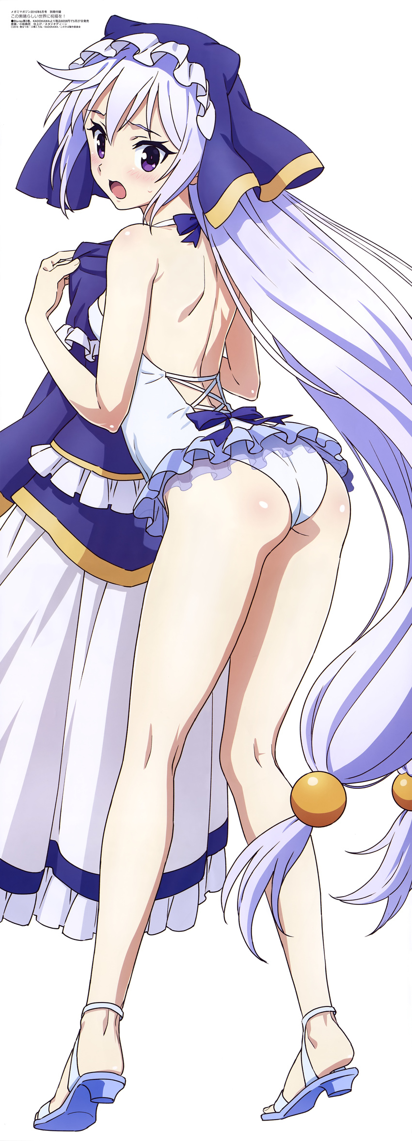 2016 absurdres ass bare_back blush dated dress eris_(konosuba) flat_ass frills from_behind full_body high_heels highres incredibly_absurdres komatsu_momoka kono_subarashii_sekai_ni_shukufuku_wo! long_hair looking_at_viewer looking_back official_art open_mouth purple_eyes purple_hair sandals solo very_long_hair white_background white_hair