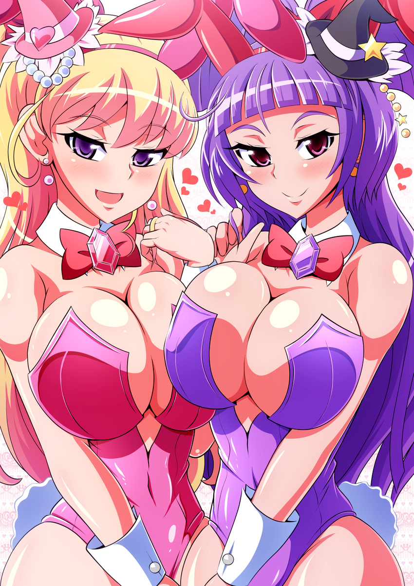 aokura_shou asahina_mirai blonde_hair blush bow breast_press breasts bunny_ears bunny_girl bunny_tail bunnysuit cleavage closed_mouth cure_magical cure_miracle earrings hat highres large_breasts long_hair looking_at_viewer mahou_girls_precure! multiple_girls open_mouth precure purple_eyes purple_hair red_bow riko_(mahou_girls_precure!) smile