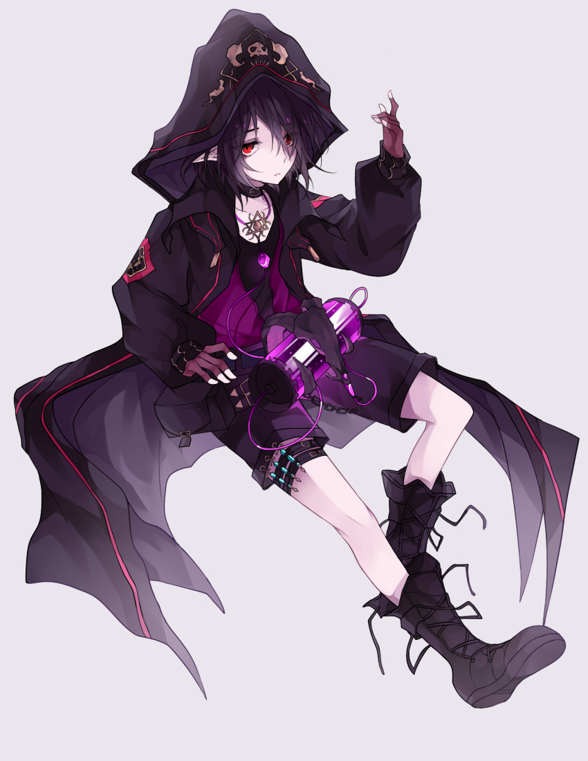 1boy arm_up black_cape black_choker black_footwear black_gloves black_hair black_hoodie black_legwear boots cape character_request choker commentary_request dungeon_and_fighter eyebrows_visible_through_hair fingerless_gloves frown full_body gloves hair_between_eyes hair_over_one_eye highres hood hoodie jewelry long_sleeves male_focus natsuhime necklace pale_skin pointy_ears puffy_sleeves red_eyes short_hair shorts simple_background solo weapon white_background