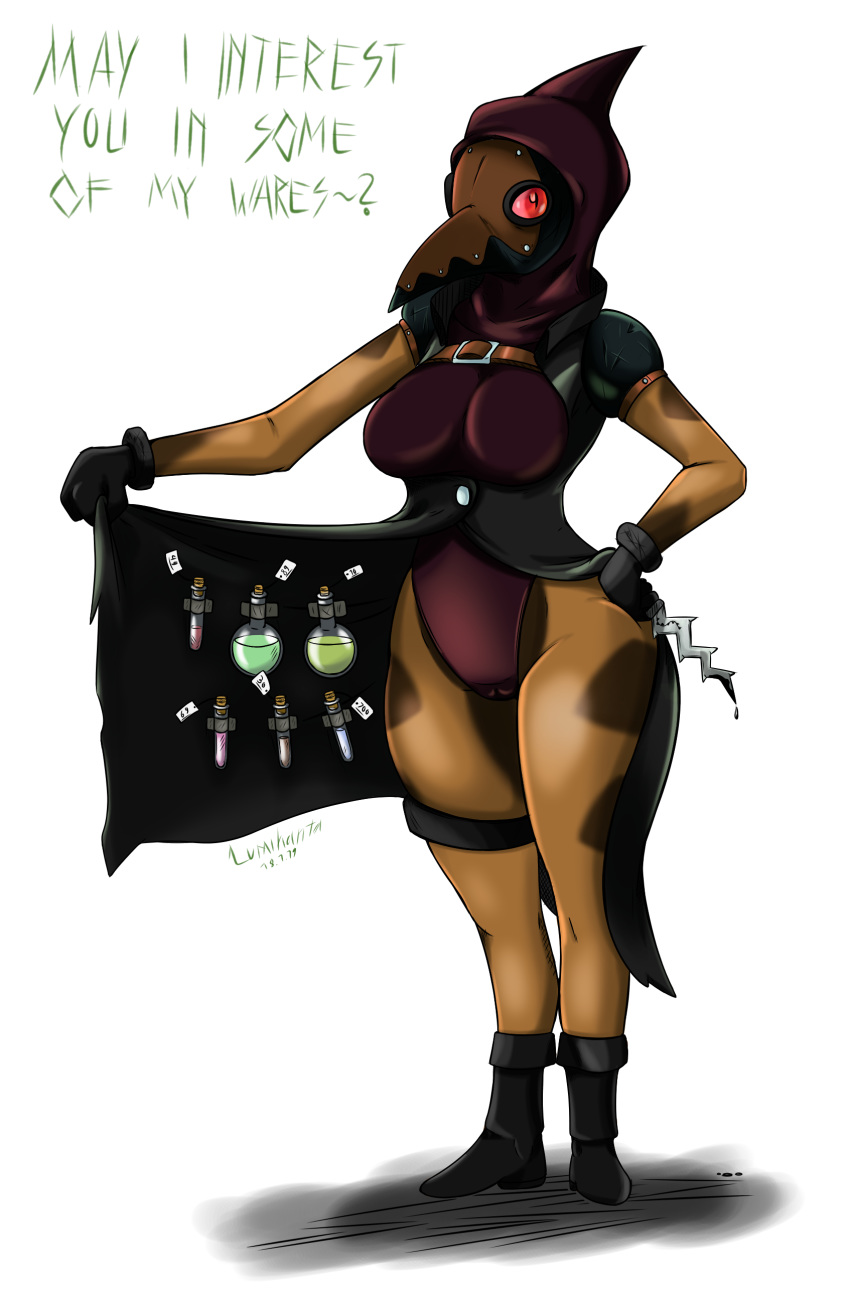 beak_mask boots bottle breasts brown_skin clothed clothing dagger dialogue female footwear karme leotard longcoat lumihanta mask melee_weapon plague_doctor potion price_tag red_eyes scratches shoulder_pads simple_background skimpy solo thick_thighs unknown_species weapon wide_hips