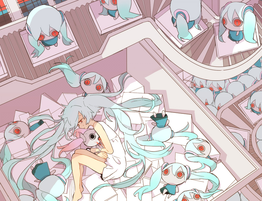 abstract aimaina bare_arms bare_legs bare_shoulders barefoot blue_hair character_doll commentary_request doushite-chan dress fetal_position hatsune_miku highres hiiragi_fuyuki indoors long_hair lying on_side red_eyes slit_pupils solo sukina_koto_dake_de_ii_desu_(vocaloid) tears twintails very_long_hair vocaloid white_dress