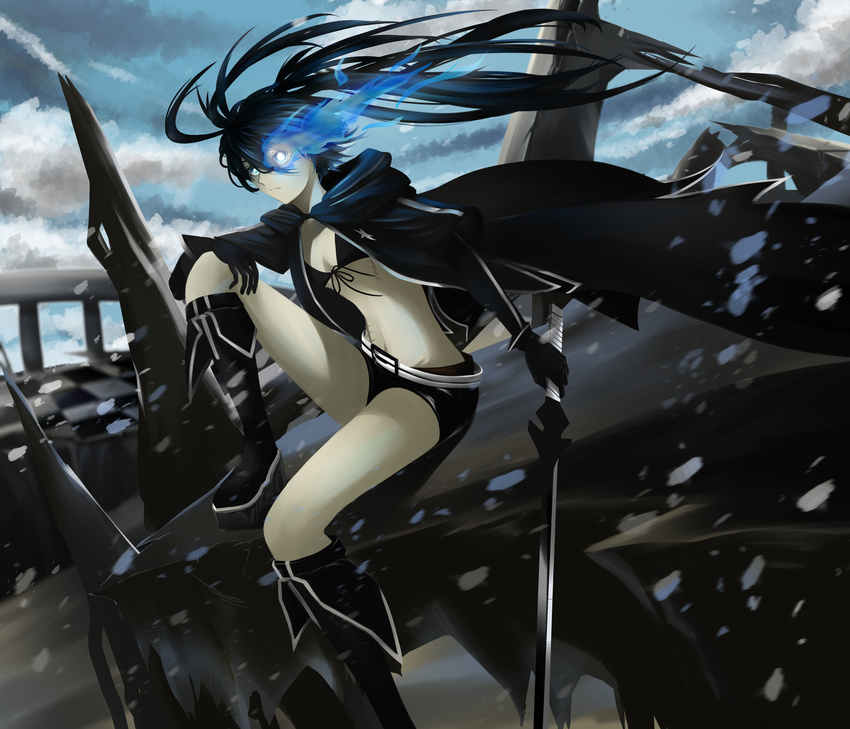 absurdres black_footwear black_hair black_rock_shooter black_rock_shooter_(character) boots breasts burning_eye cape checkered front-tie_top gloves glowing glowing_eye highres knee_boots long_hair platform_boots platform_footwear sg_dorusatobou small_breasts solo sword twintails weapon