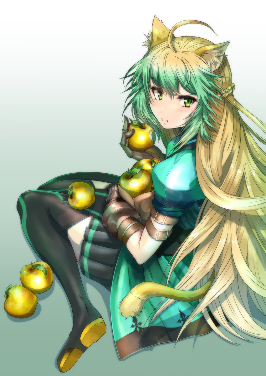 :i ahoge animal_ears apple atalanta_(fate) black_footwear black_legwear boots braid cat_ears eating fate/apocrypha fate_(series) food fruit gloves gradient_hair green_eyes green_hair grimjin highres long_hair looking_at_viewer multicolored_hair pleated_skirt sitting skirt solo thigh_boots thighhighs two-tone_hair wariza