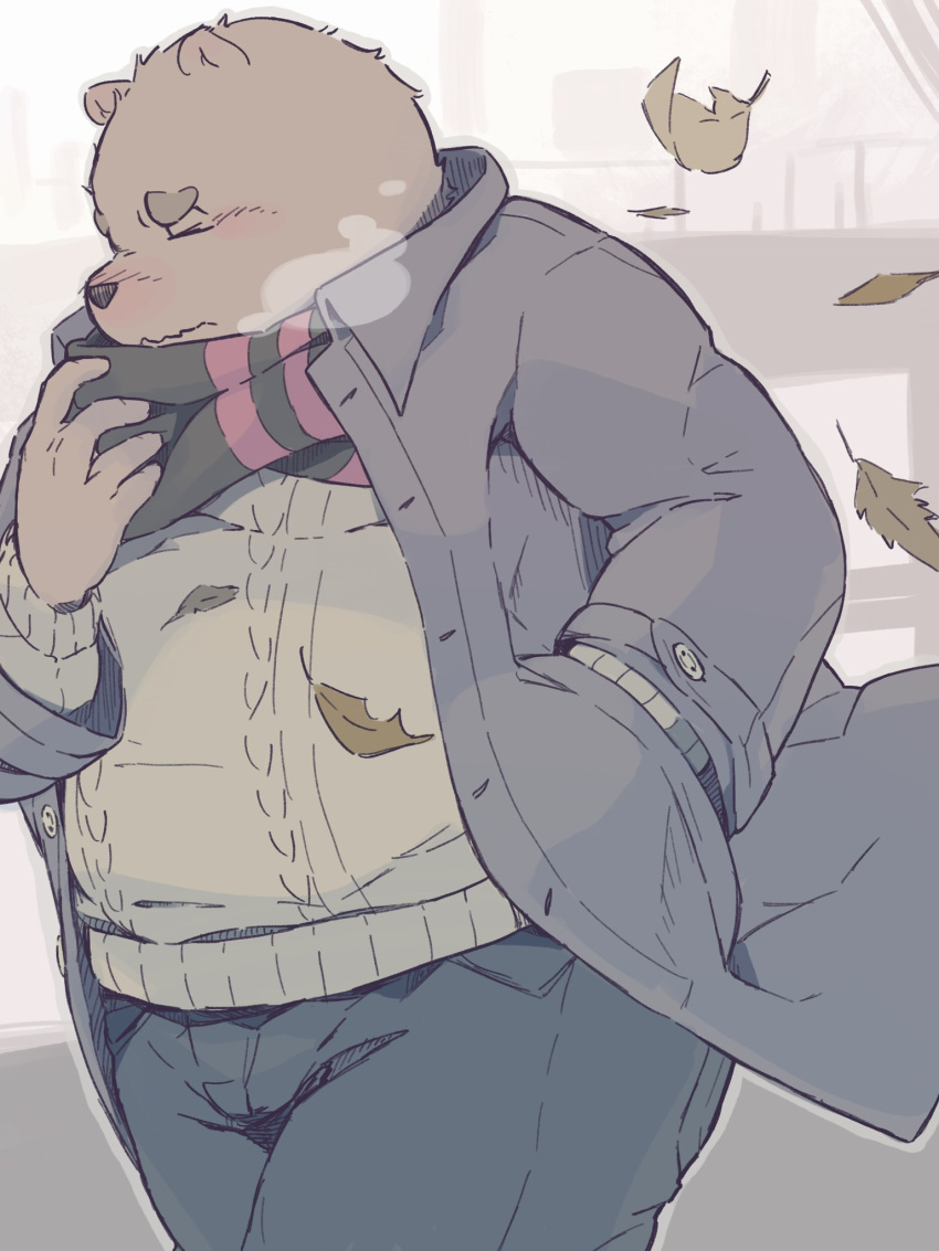 2019 anthro blush clothing dv-ch eyes_closed humanoid_hands leaf male mammal outside overweight overweight_male pants scarf shirt solo ursine