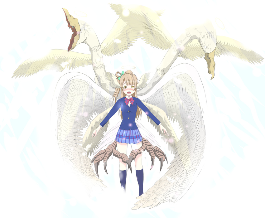 absurdres bird_legs brown_hair commentary_request halo head_wings highres love_live! love_live!_school_idol_project minami_kotori multiple_wings one_side_up open_mouth shinderare solo wings yellow_eyes