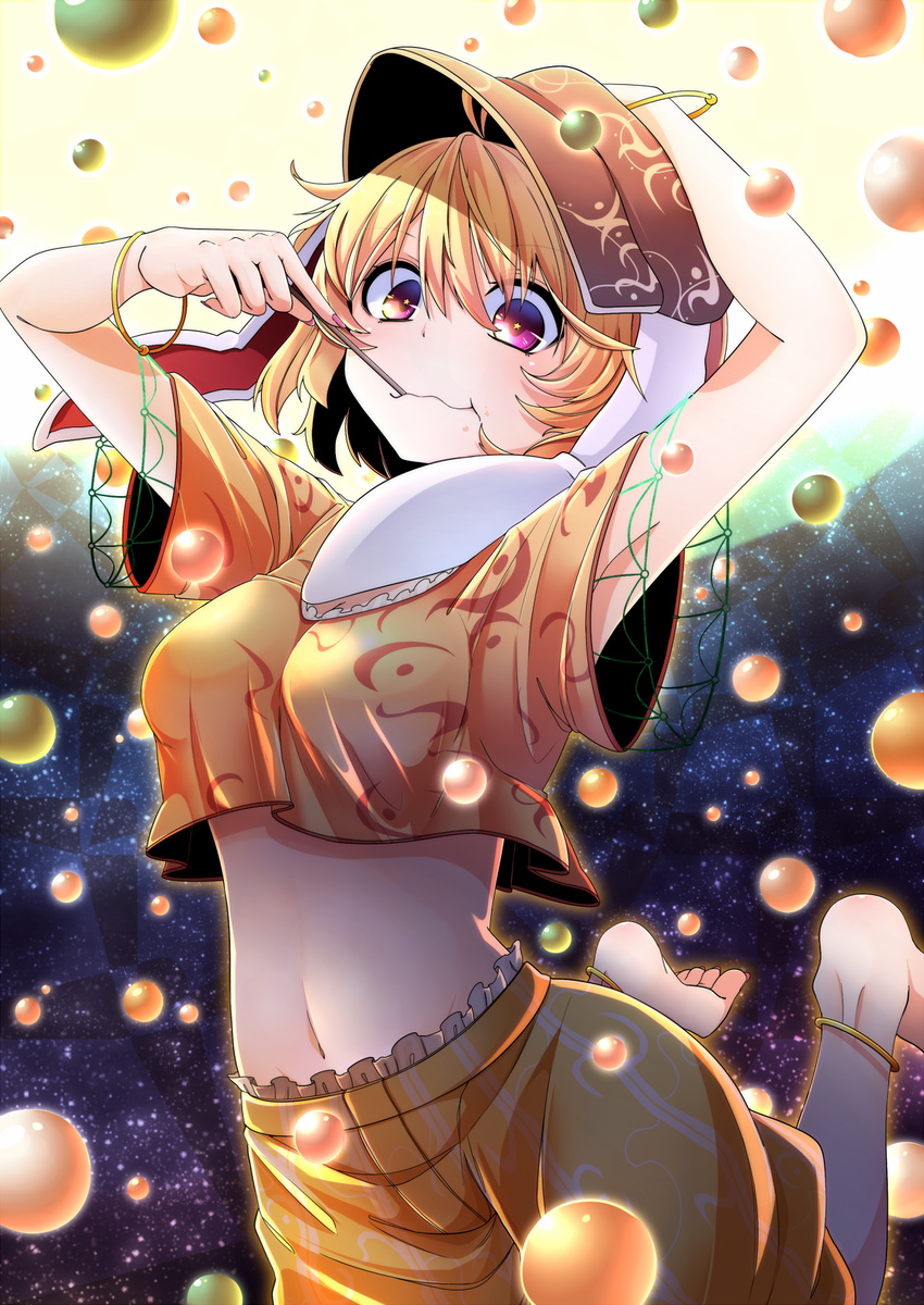 animal_ears anklet armpits arms_up bangle bangs barefoot blonde_hair bracelet breasts bunny_ears crop_top crop_top_overhang eating floppy_ears hair_between_eyes hat highres jewelry large_breasts looking_at_viewer medium_breasts midriff navel pink_eyes rihito_(usazukin) ringo_(touhou) shirt short_hair short_sleeves shorts solo star star-shaped_pupils symbol-shaped_pupils touhou yellow_shirt