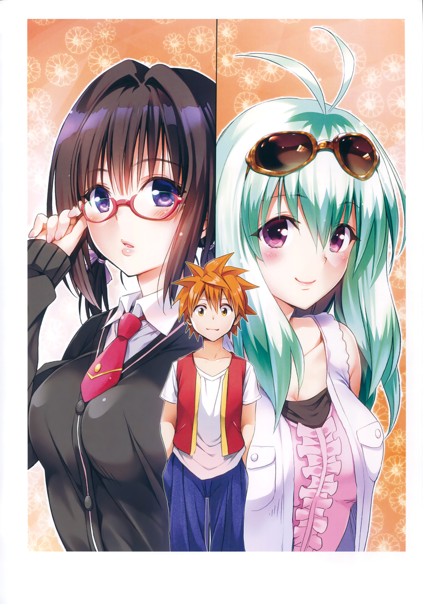 2girls absurdres adjusting_eyewear cardigan center_frills dress eyewear_on_head glasses highres kirisaki_kyouko_(toloveru) multiple_girls red-framed_eyewear run_elsie_jewelria school_uniform sunglasses sweater sweater_dress to_love-ru to_love-ru_darkness yabuki_kentarou yuuki_rito