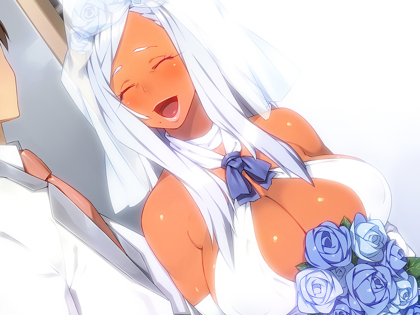 1girl 23_(real_xxiii) blush bouquet breasts bridal_veil bride couple dark_skin dress elbow_gloves flower formal game_cg gloves hetero kasshoku_danchi_e_youkoso large_breasts long_hair mole mole_under_mouth necktie open_mouth rose silver_hair smile suit sujata_mitsuko tuxedo veil wedding wedding_dress