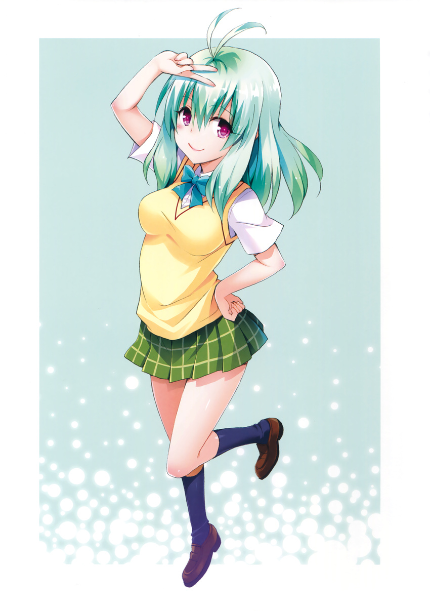 absurdres antenna_hair green_hair highres kneehighs loafers navy_blue_legwear purple_eyes run_elsie_jewelria school_uniform shoes skirt solo standing standing_on_one_leg sweater_vest to_love-ru to_love-ru_darkness yabuki_kentarou