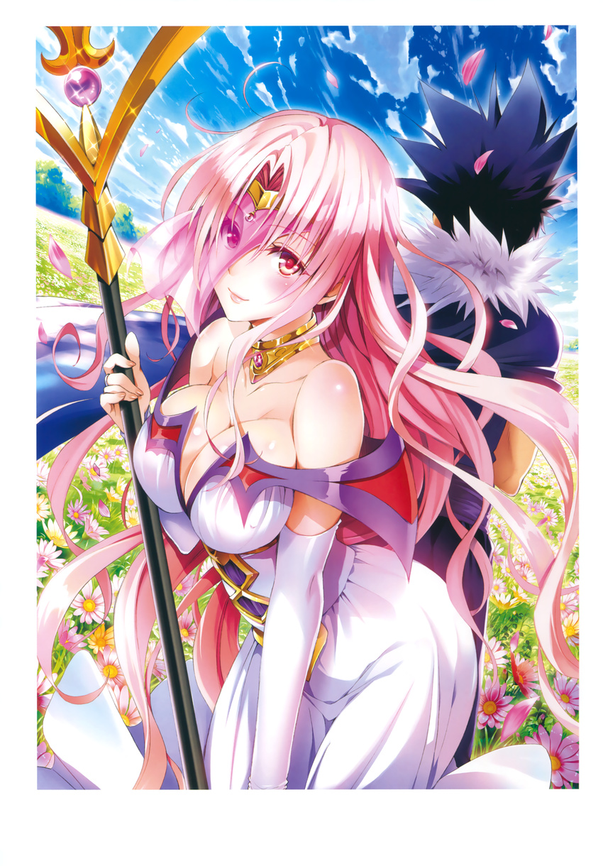 1girl absurdres arm_warmers bare_shoulders blue_sky breasts circlet cleavage day dress facing_away field flower gid_lucion_deviluke grass highres large_breasts long_hair looking_at_viewer mature no_bra outdoors petals pink_eyes pink_hair sephie_michaela_deviluke sky staff to_love-ru to_love-ru_darkness weapon yabuki_kentarou