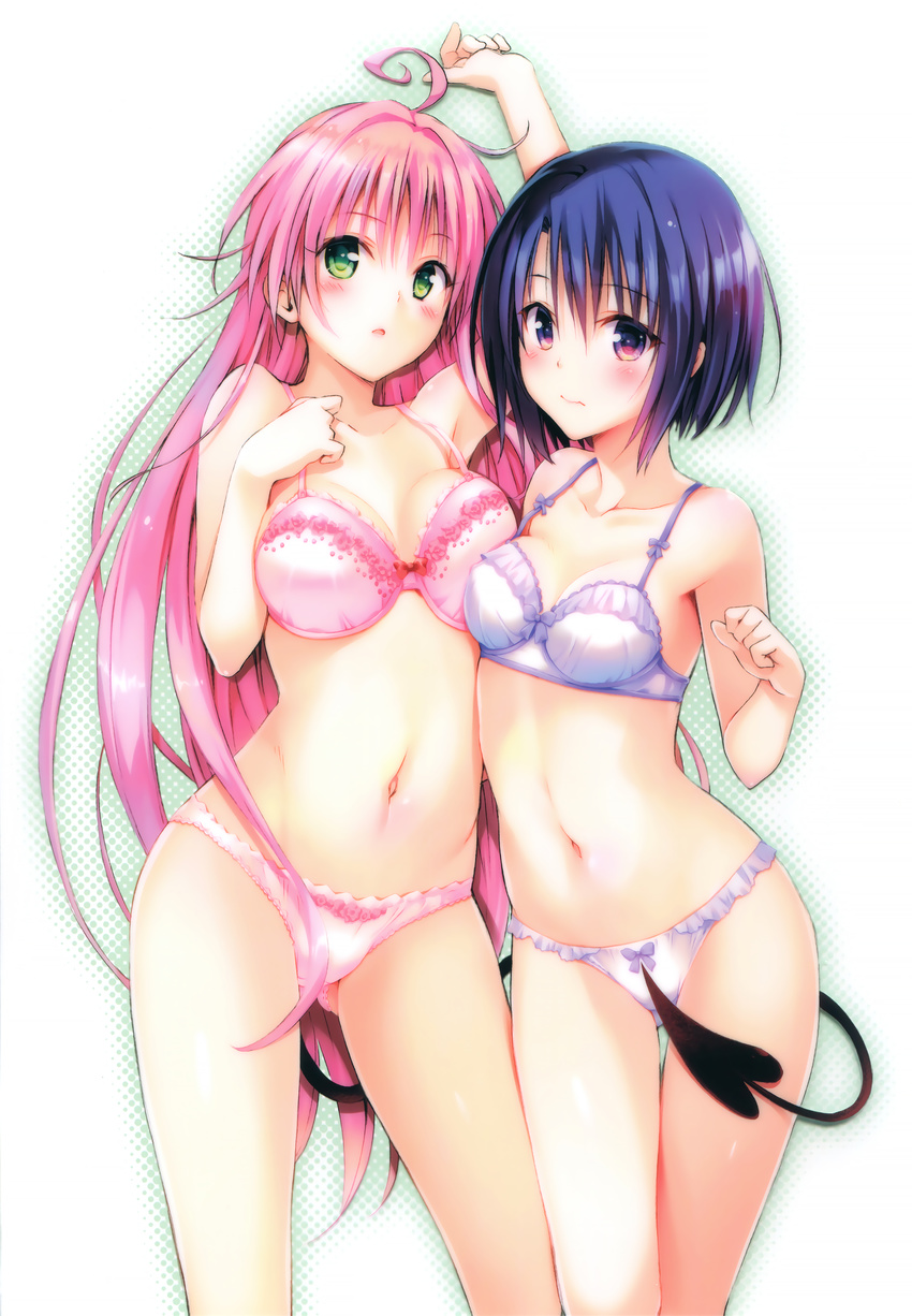 :s absurdres ahoge arm_up ass_visible_through_thighs asymmetrical_docking blue_bra blue_hair blue_panties blush body_blush bow bow_panties bra breast_press breasts cleavage contrapposto demon_tail green_eyes halftone highres lala_satalin_deviluke long_hair looking_at_viewer medium_breasts multiple_girls navel panties parted_lips pink_bra pink_hair pink_panties purple_eyes sairenji_haruna scan short_hair standing tail third-party_edit to_love-ru underwear underwear_only very_long_hair yabuki_kentarou