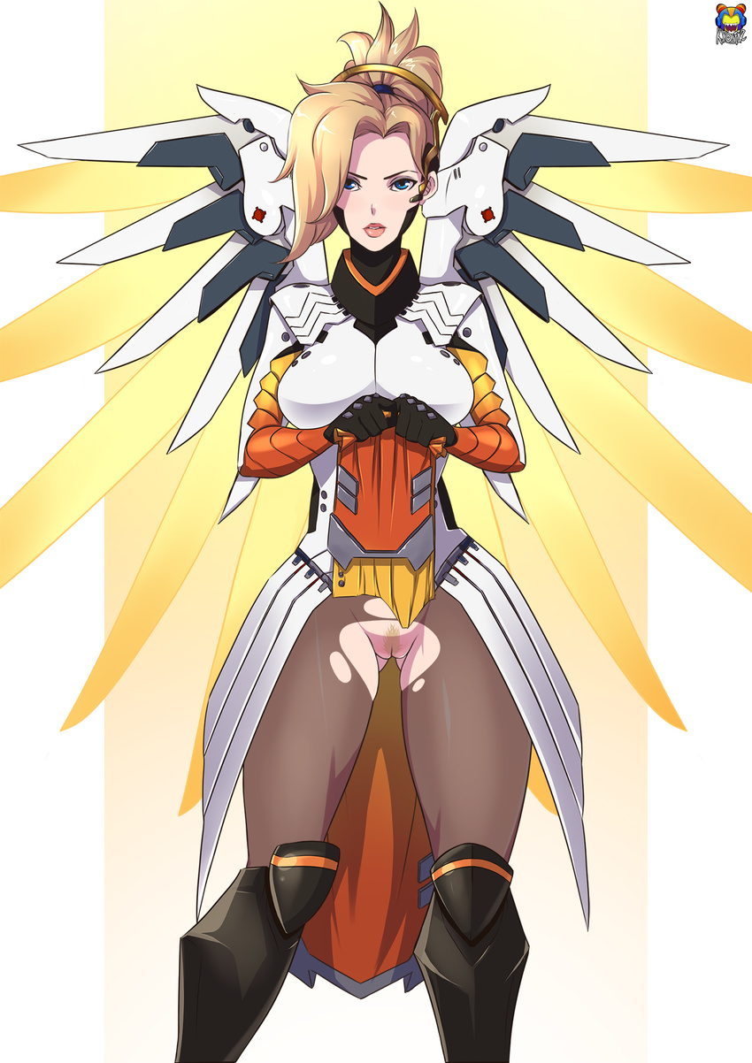 blonde_hair blonde_pubic_hair blue_eyes boots high_ponytail highres knee_boots kyoffie12 lipstick loincloth_lift looking_at_viewer makeup mechanical_wings mercy_(overwatch) overwatch pantyhose pubic_hair pussy solo spread_wings torn_clothes torn_legwear wings yellow_wings