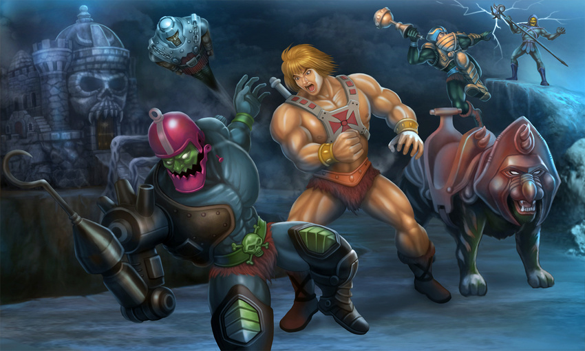 battle battle_cat blonde_hair boots castle castle_grayskull chris-akira cyborg damaged electricity fantasy he-man helmet hood hook mace man-at-arms masters_of_the_universe multiple_boys punching ram_man science_fiction screw shouting skeletor skull spike staff trap-jaw weapon wrist_guards