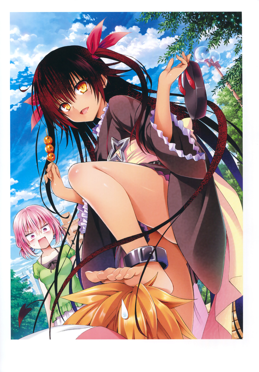 2girls absurdres anklet barefoot casual cloud day feet foot_on_head furrowed_eyebrows highres japanese_clothes jewelry kimono lamppost master_nemesis momo_velia_deviluke multiple_girls outdoors rectangular_mouth sky sweatdrop tail to_love-ru to_love-ru_darkness yabuki_kentarou yukata yuuki_rito