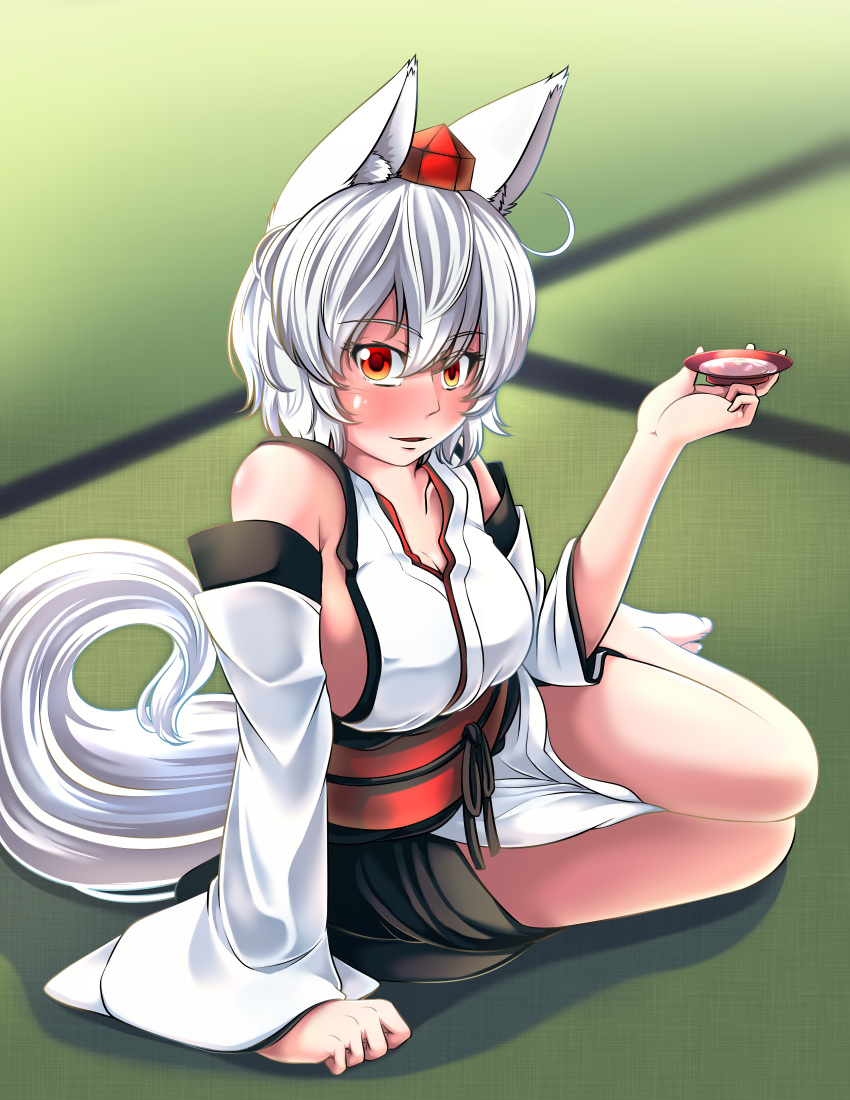1girl ahoge alcohol animal_ears bare_shoulders breasts cleavage collarbone commentary commentary_request cup detached_sleeves drunk hat highres indoors inubashiri_momiji japanese_clothes kouno_ibuki large_breasts off_shoulder open_mouth pom_pom_(clothes) red_eyes sakazuki sake shirt short_hair sideboob silver_hair sitting solo tail tokin_hat touhou white_shirt wide_sleeves wolf_ears wolf_tail