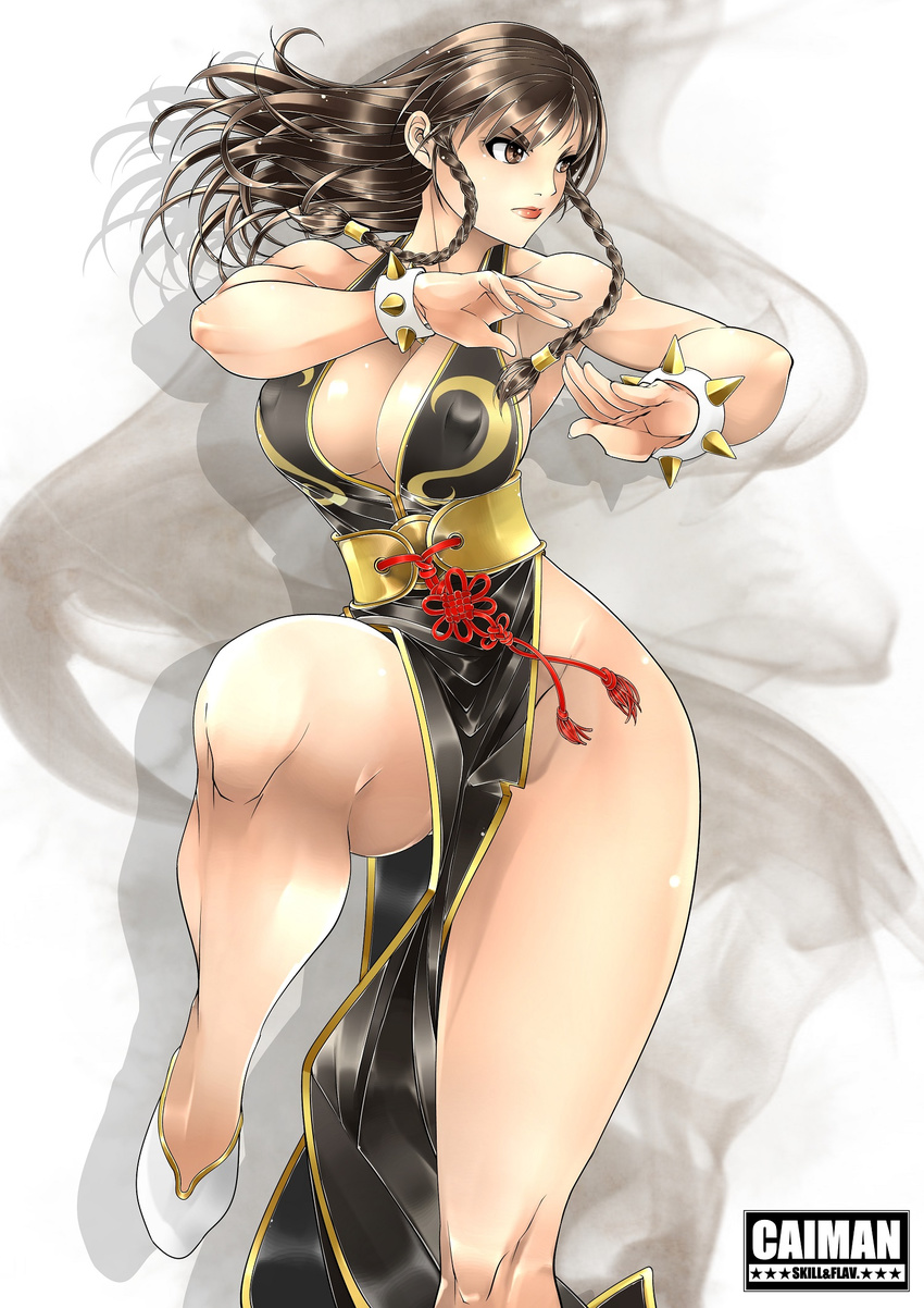 :| alternate_costume alternate_hairstyle armpits artist_name bangs bare_shoulders belt black_dress black_hair bracelet braid breasts brown_eyes cai-man china_dress chinese_clothes chinese_knot chun-li cleavage closed_mouth commentary_request covered_nipples dress fighting_stance fingernails flats floating_hair furrowed_eyebrows gold_trim groin hair_blowing hair_tie halterneck hands_up highleg highleg_dress highres hips jewelry knee_up large_breasts leg_lift leg_up legs lips lipstick long_fingernails long_hair makeup no_bra no_panties parted_bangs pelvic_curtain red_lipstick shadow shoes side_braid side_slit sideboob sidelocks smoke solo spiked_bracelet spikes standing standing_on_one_leg street_fighter street_fighter_v tassel thighs twin_braids v-shaped_eyebrows white_background white_footwear