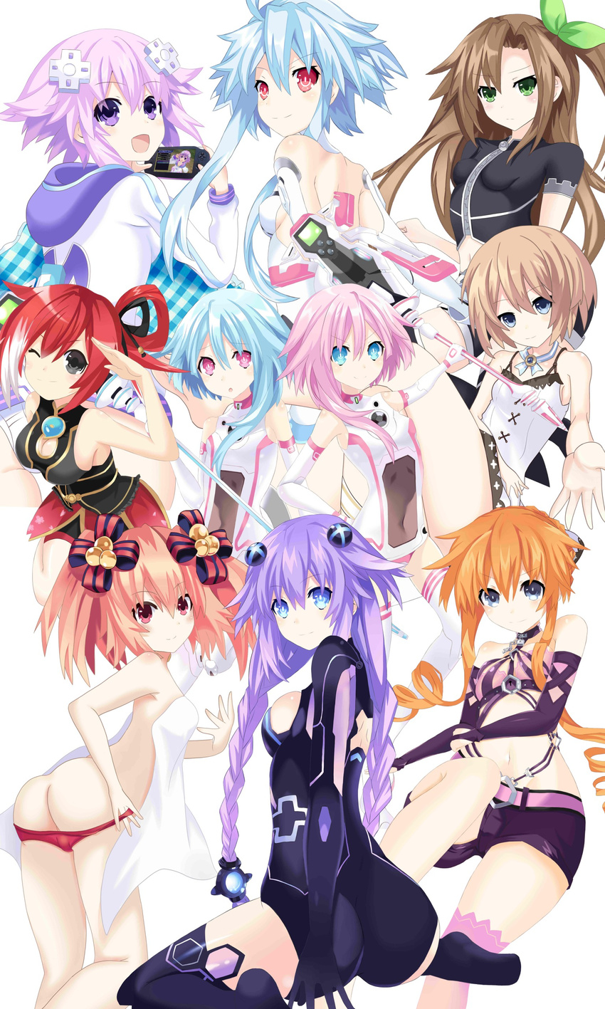 absurdres alyn_(fairy_fencer_f) ass blanc breasts choujigen_game_neptune choujigen_game_neptune_mk2 commentary_request covered_navel date_a_live drill_hair dual_persona fairy_fencer_f handheld_game_console highres if_(choujigen_game_neptune) large_breasts multiple_girls navel neptune_(choujigen_game_neptune) neptune_(series) one_eye_closed panties panty_pull playstation_vita power_symbol purple_heart ramu-on@_shinon red_(choujigen_game_neptune) red_panties shorts simple_background small_breasts symbol-shaped_pupils topless towel underwear underwear_only white_background white_heart white_sister_ram white_sister_rom yamai_kaguya