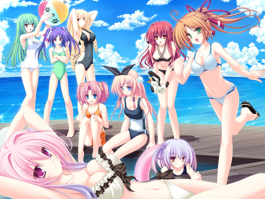 77 amane_ruru ball barefoot beachball bikini blue_eyes breasts brown_hair cloud dock drill_hair feet frilled_bikini frills game_cg green_eyes green_hair highres hoshiba_sora karen_lux_victoria kazamai_sakura koshimizu_rin large_breasts long_hair mikagami_mamizu multiple_girls narukami_aoi navel ocean outdoors paw_print pettanko pink_hair purple_hair red_hair sky stella_(77) swimsuit tenmaso tied_hair tsuneha_aki tsuneha_miki twintails wallpaper water yellow_eyes