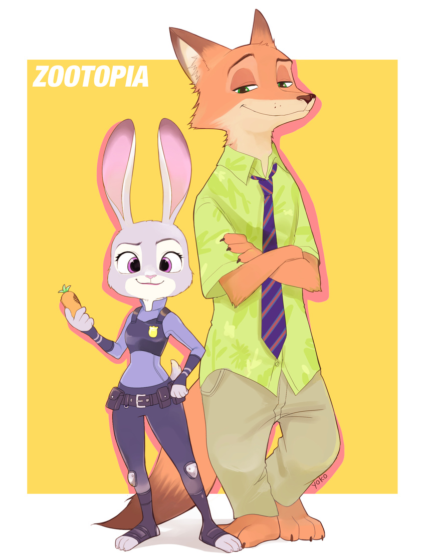 1girl disney furry green_eyes highres judy_hopps necktie nick_wilde police police_uniform policewoman smile uniform yokotn zootopia