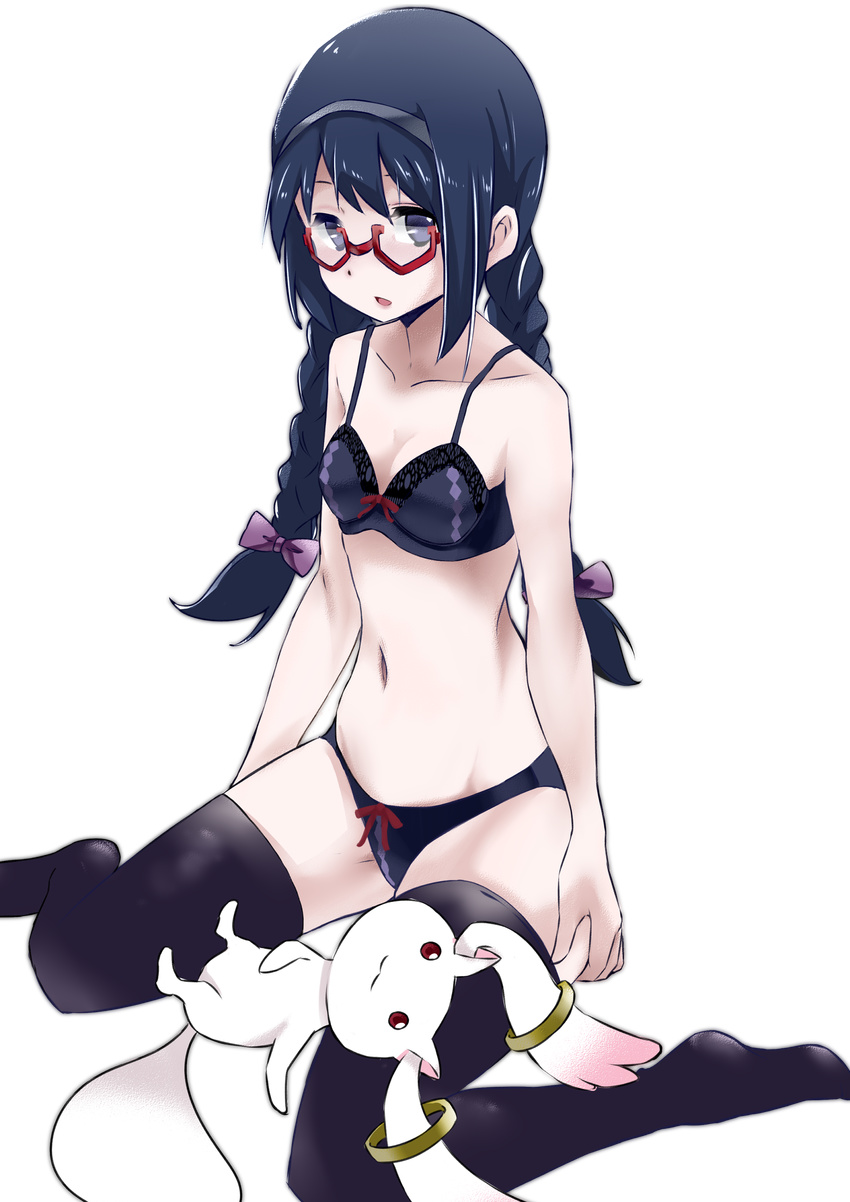 :o absurdres akemi_homura argyle argyle_panties black_hair black_legwear blue_bra blue_eyes blue_panties bow bow_bra bow_panties bra braid breasts collarbone glasses hair_bow hairband highres kyubey long_hair mahou_shoujo_madoka_magica navel open_mouth panties purple_bow red-framed_eyewear semi-rimless_eyewear sitting small_breasts thighhighs transparent_background twin_braids under-rim_eyewear underwear underwear_only wariza yamada_yamao_(zget2)