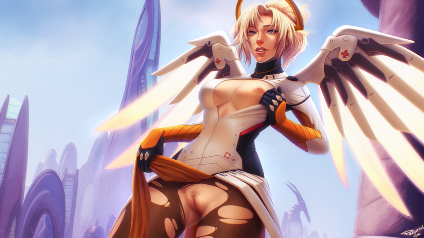 angel_wings blonde_hair blue_eyes bodysuit breasts brown_legwear high_ponytail highres large_breasts long_hair looking_at_viewer mechanical_halo mechanical_wings mercy_(overwatch) nipples overwatch pantyhose personal_ami ponytail pubic_hair pussy short_hair solo torn_clothes torn_legwear uncensored wings yellow_wings