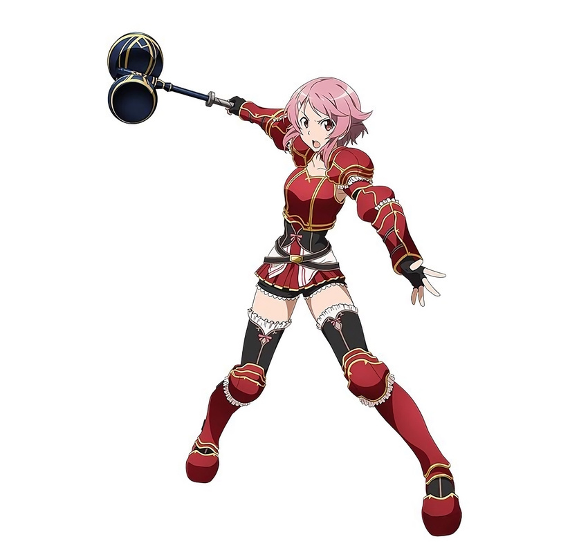 alternate_costume armor armored_boots black_legwear black_shorts boots collarbone full_body hair_ornament hammer highres holding holding_weapon lisbeth official_art open_mouth pink_eyes pink_hair short_hair short_shorts shorts shoulder_armor simple_background solo spaulders sword_art_online sword_art_online:_code_register thighhighs weapon white_background
