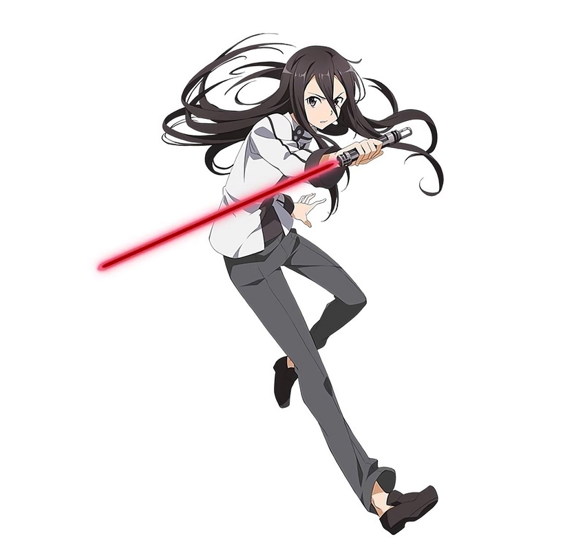 beam_saber black_eyes black_hair full_body highres holding holding_sword holding_weapon kirito kirito_(sao-ggo) long_hair looking_at_viewer male_focus official_art simple_background solo sword sword_art_online sword_art_online:_code_register weapon white_background