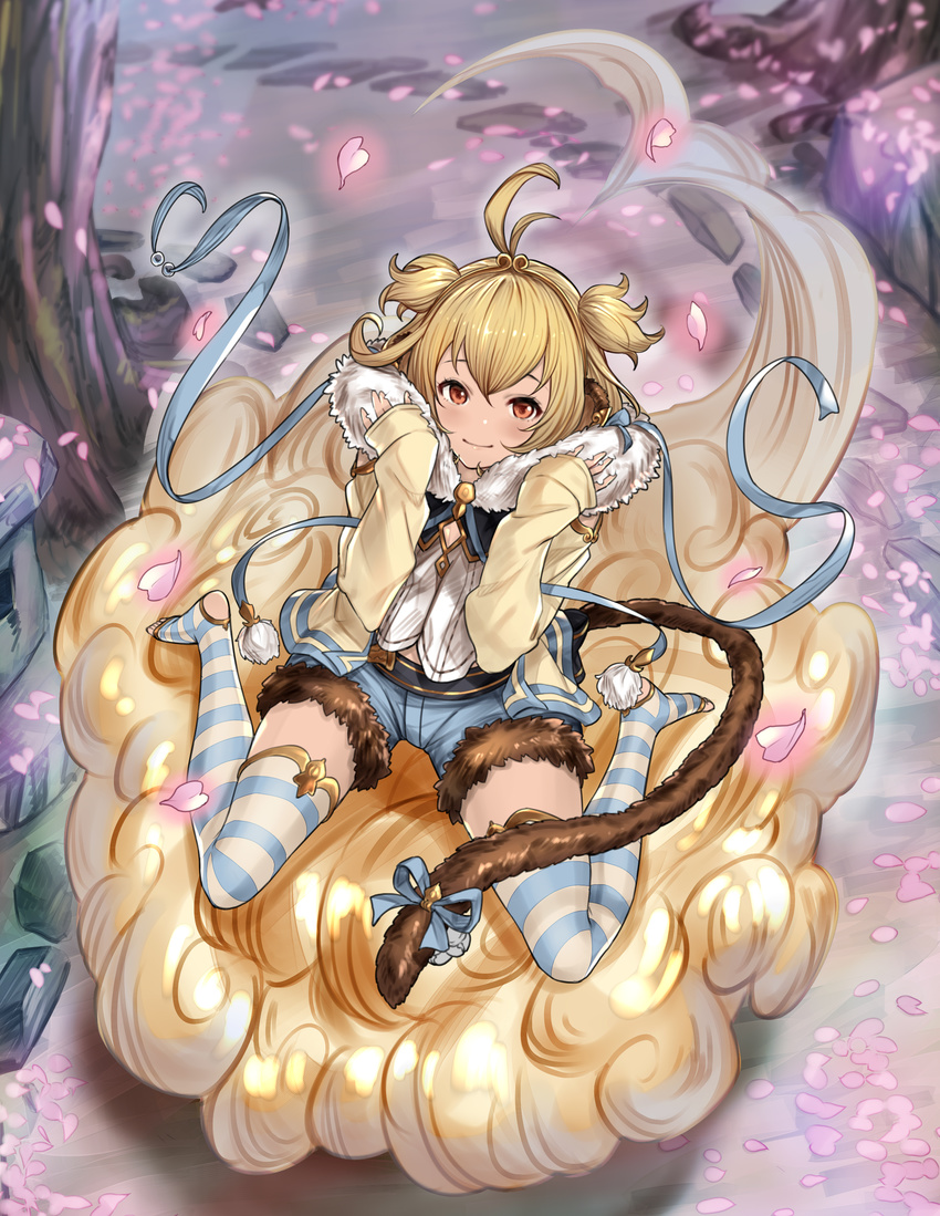 absurdres andira_(granblue_fantasy) animal_ears antenna_hair arms_up bad_id bad_pixiv_id barefoot beads belt blonde_hair blue_ribbon blue_shorts cherry_blossoms cleavage_cutout closed_mouth cloud cutoffs denim denim_shorts earrings erune flat_chest floating flying_nimbus full_body fur_collar fur_trim granblue_fantasy hairband heart highres jacket jewelry keita_(kta0) long_sleeves monkey_ears monkey_tail open_clothes open_jacket path petals pom_pom_(clothes) red_eyes ribbon road short_shorts shorts sitting smile solo stone_lantern striped striped_legwear tail tail_ribbon thick_thighs thighs toeless_legwear toes two_side_up wariza yellow_jacket