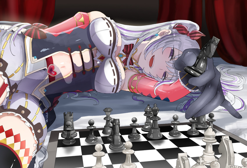 :d absurdres board_game bow bowtie breasts caro_(shironeko_project) chess chess_piece chessboard earrings elbow_gloves fangs foreshortening gloves hair_ribbon half-closed_eyes heart highres holding jewelry long_hair lying multicolored_hair navel on_side open_mouth purple_eyes purple_hair ravejaeger ribbon shironeko_project shorts silver_hair smile solo thighhighs twintails two-tone_hair