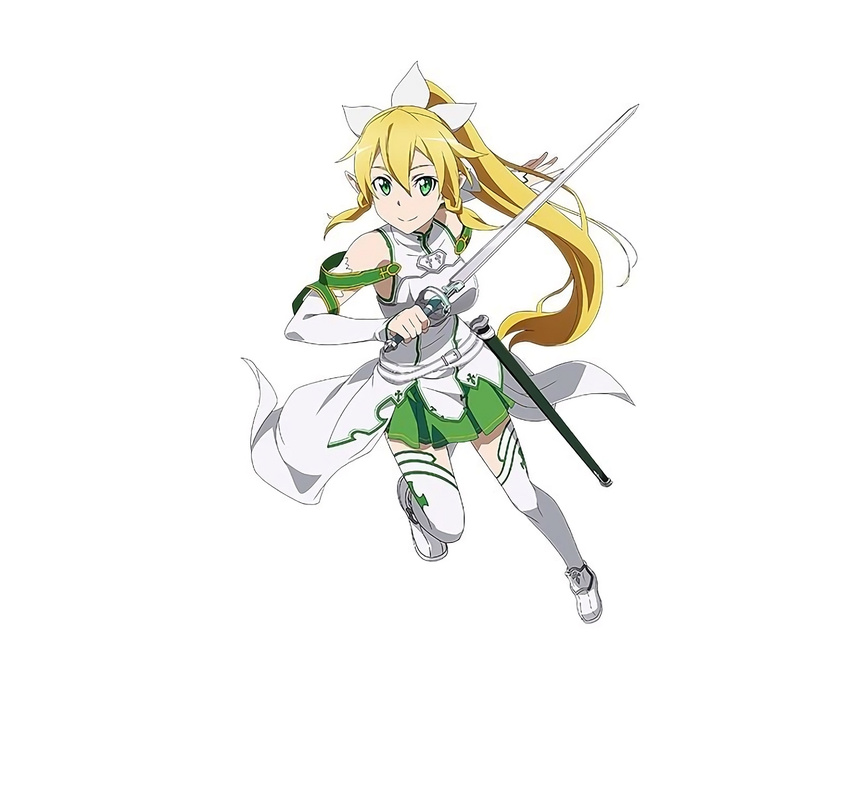 asuna_(sao) asuna_(sao)_(cosplay) blonde_hair cosplay detached_sleeves full_body green_eyes green_skirt hair_ornament highres holding holding_sword holding_weapon leafa long_hair official_art pleated_skirt pointy_ears ponytail simple_background skirt smile solo sword sword_art_online sword_art_online:_code_register thighhighs weapon white_background white_legwear