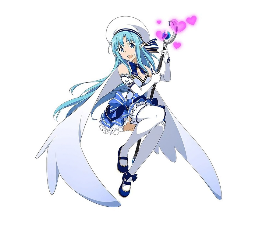 alternate_costume asuna_(sao) asuna_(sao-alo) blue_eyes blue_hair blue_skirt breasts cleavage elbow_gloves frilled_skirt frills full_body gloves hat highres holding long_hair magical_girl medium_breasts official_art open_mouth pointy_ears simple_background skirt solo staff sword_art_online sword_art_online:_code_register thighhighs white_background white_gloves white_legwear zettai_ryouiki