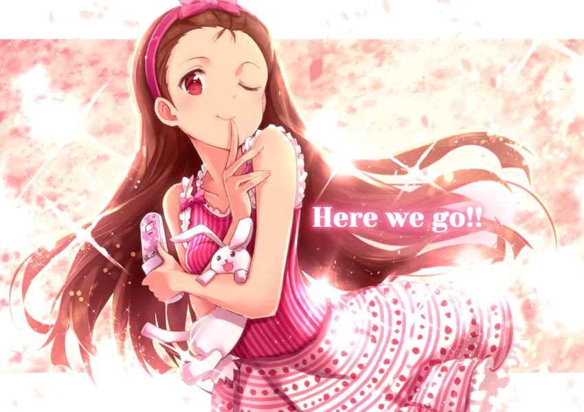 1girl ;) brown_eyes brown_hair cellphone commentary_request english_text finger_to_mouth flip_phone hairband idolmaster idolmaster_(classic) ima_(lm_ew) long_hair minase_iori one_eye_closed phone smile solo stuffed_animal stuffed_rabbit stuffed_toy usa-chan_(idolmaster)