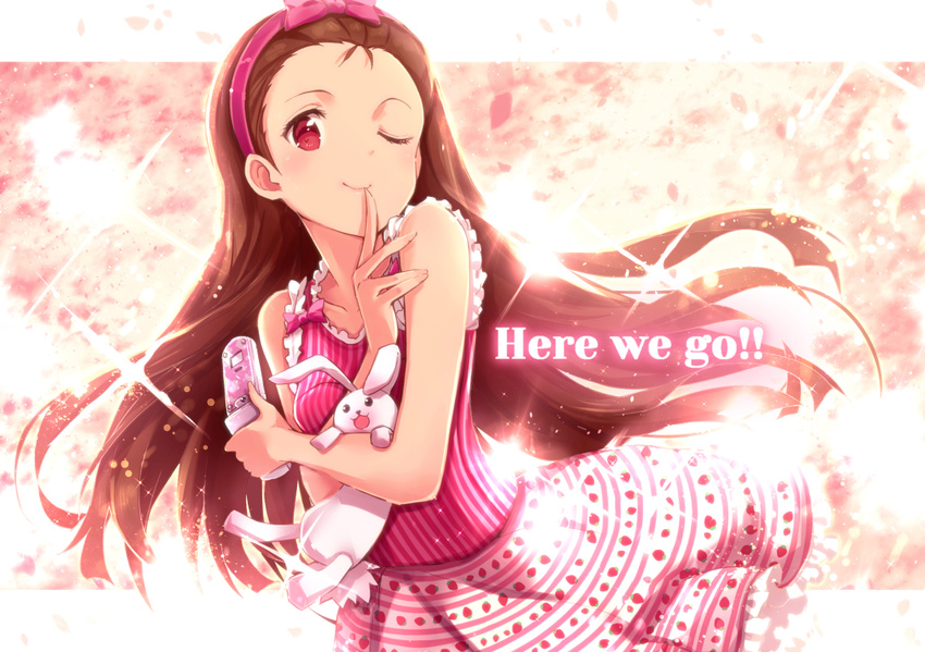 ;) brown_eyes brown_hair cellphone english finger_to_mouth flip_phone hairband idolmaster idolmaster_(classic) ima_(lm_ew) long_hair minase_iori one_eye_closed phone smile solo stuffed_animal stuffed_bunny stuffed_toy