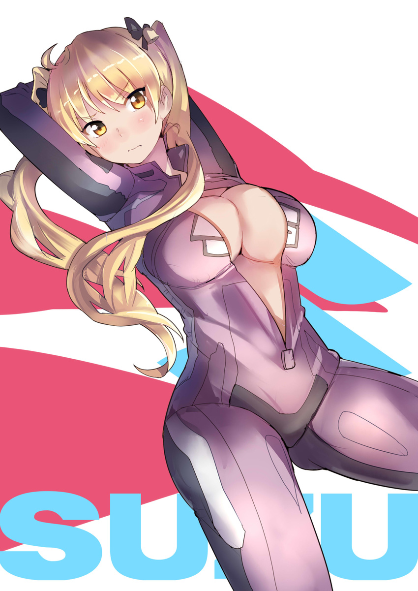 3: absurdres ahoge arms_behind_head arms_up bakuon!! bell biker_clothes bikesuit blonde_hair blush bodysuit breasts hair_bell hair_ornament highres huge_breasts julioalqae pink_bodysuit solo suzunoki_rin twintails unzipped v-shaped_eyebrows yellow_eyes