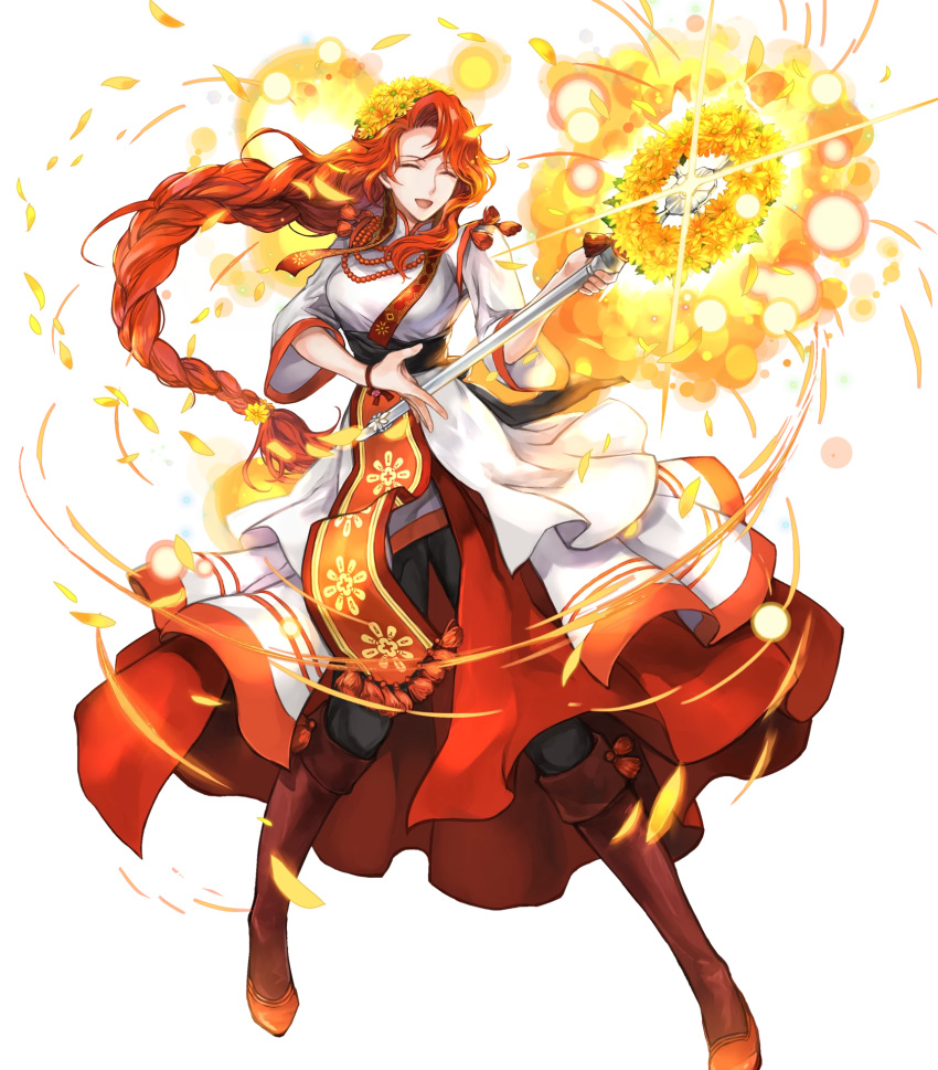 1girl bangs black_pants braid breasts dress eyes_closed fire_emblem fire_emblem:_souen_no_kiseki fire_emblem_heroes flower full_body head_wreath highres holding jewelry long_sleeves medium_breasts necklace nintendo official_art open_mouth pants pelvic_curtain petals red_footwear red_hair shiny shiny_hair single_braid smile solo staff standing tiamat_(fire_emblem) wada_sachiko wide_sleeves