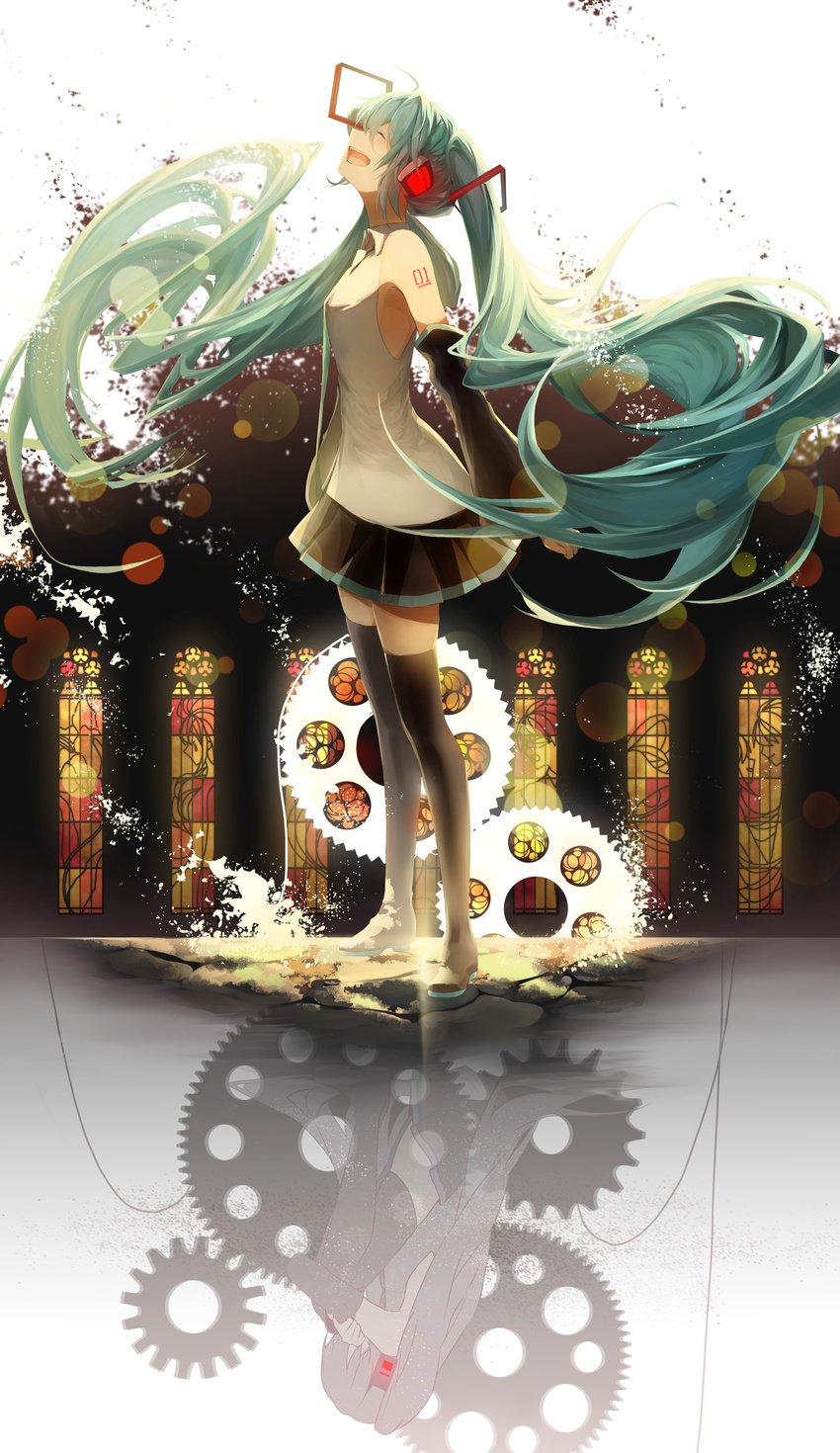:d absurdres blush boots closed_eyes crossed_arms detached_sleeves different_reflection dual_persona floating_hair from_side gears green_hair hatsune_miku head_down highres lens_flare long_hair looking_up necktie number open_mouth pleated_skirt profile reflection saihate_(d3) shirt sitting skirt sleeveless sleeveless_shirt smile stained_glass standing tears thigh_boots thighhighs twintails very_long_hair vocaloid