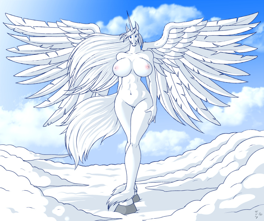 anthro big_breasts big_butt breasts butt cloud cloudscape curvaceous day digital_media_(artwork) equine feathered_wings feathers female full-length_portrait hair hooves horn huge_breasts huge_butt light_theme long_hair looking_at_viewer mammal nude outside pegasus portrait pussy sky solo spread_wings standing thick_thighs voluptuous wide_hips winged_unicorn wings zp92
