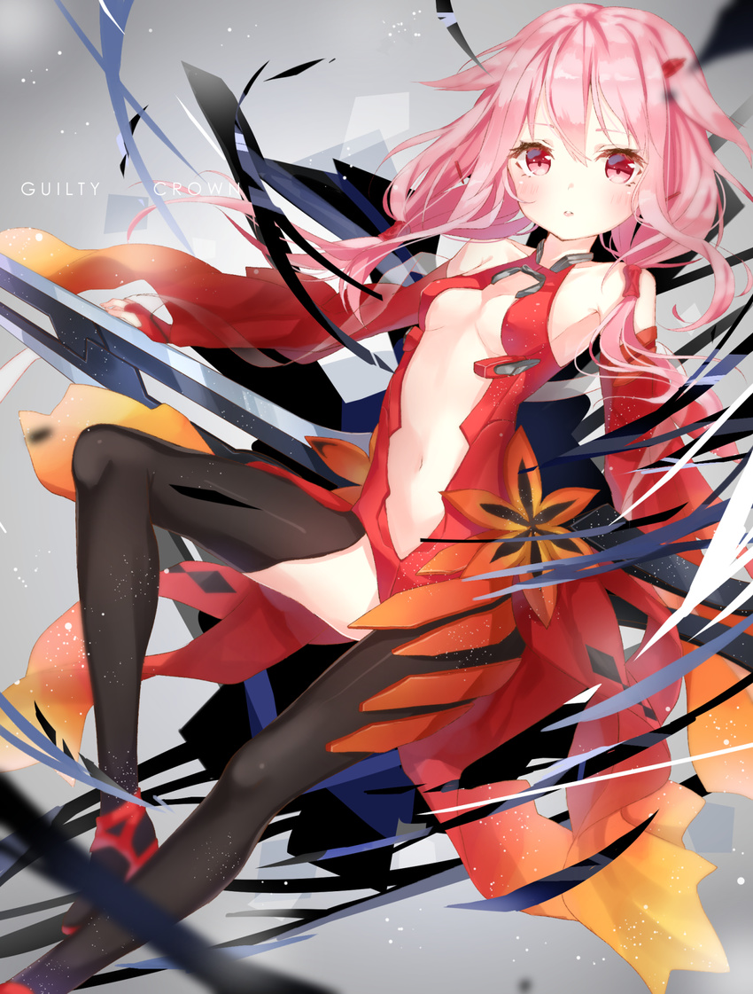 bare_shoulders black_legwear breasts center_opening cleavage commentary_request copyright_name detached_sleeves elbow_gloves fingerless_gloves gloves guilty_crown hair_ornament hairclip highres jimmy looking_at_viewer navel pink_hair red_eyes small_breasts solo twintails void_(guilty_crown) yuzuriha_inori