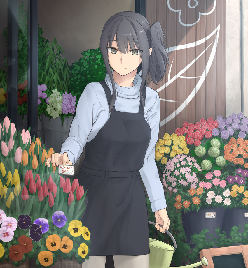 absurdres apron bad_id bad_pixiv_id black_apron black_hair cowboy_shot enosan flower flower_shop grey_eyes highres holding long_hair long_sleeves orange_flower orange_rose original pansy pants price_tag purple_flower purple_rose red_flower red_rose rose shop side_ponytail sidelocks solo sweater tulip turtleneck watering_can yellow_flower yellow_rose