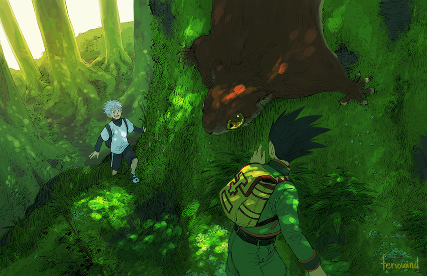 :d animal artist_name back backpack bag black_hair blue_eyes creature dappled_sunlight feriowind flying_squirrel forest gon_freecss grass green green_shorts hunter_x_hunter killua_zoldyck leaf long_sleeves male_focus moss multiple_boys nature open_mouth outdoors oversized_animal pointing shade shoes short_over_long_sleeves short_sleeves shorts silver_hair smile spiked_hair squirrel sunlight tree turtleneck white_hair