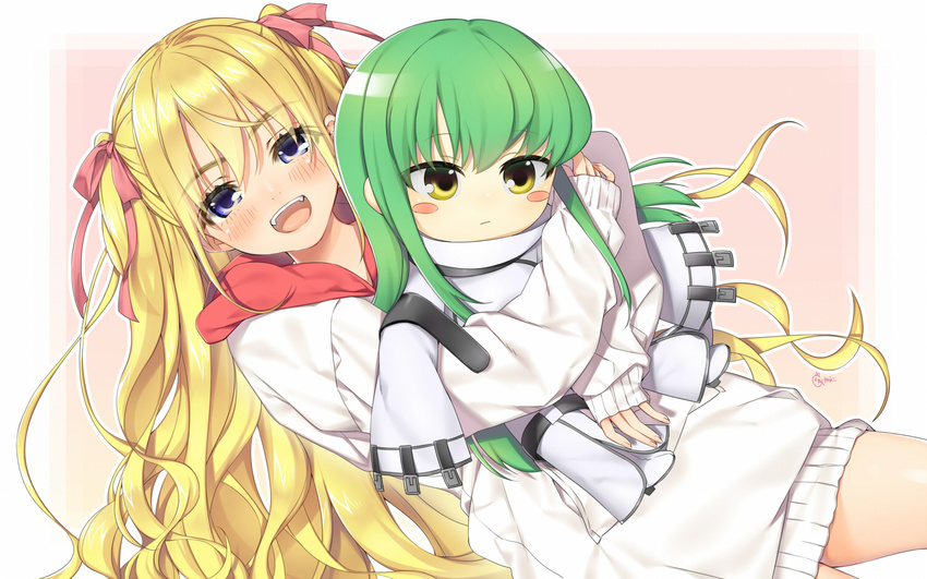 :/ :d blonde_hair blue_eyes blush blush_stickers c.c. character_doll code_geass doll_hug green_hair hair_ribbon hood hooded_sweater long_hair looking_at_viewer open_mouth original outline red_ribbon ribbon sleeves_past_wrists smile straitjacket sweater two_side_up very_long_hair yana_mori yellow_eyes