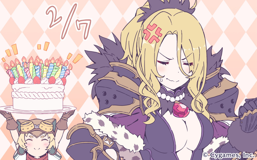 2girls absurdres anger_vein blonde_hair breasts cake candle christina_morgan cleavage clenched_hand closed_mouth eyes_closed food gloves highres jewelry multiple_girls necklace official_art orihara_matsuri princess_connect! princess_connect!_re:dive short_sleeves shoulder_armor
