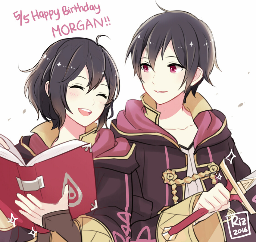 1girl 2016 ahoge artist_name black_hair book character_name closed_eyes dinikee dual_persona fire_emblem fire_emblem:_kakusei gloves hair_between_eyes happy_birthday height_difference hood hooded_jacket jacket laughing mark_(female)_(fire_emblem) mark_(fire_emblem) mark_(male)_(fire_emblem) open_mouth short_hair smile sword weapon