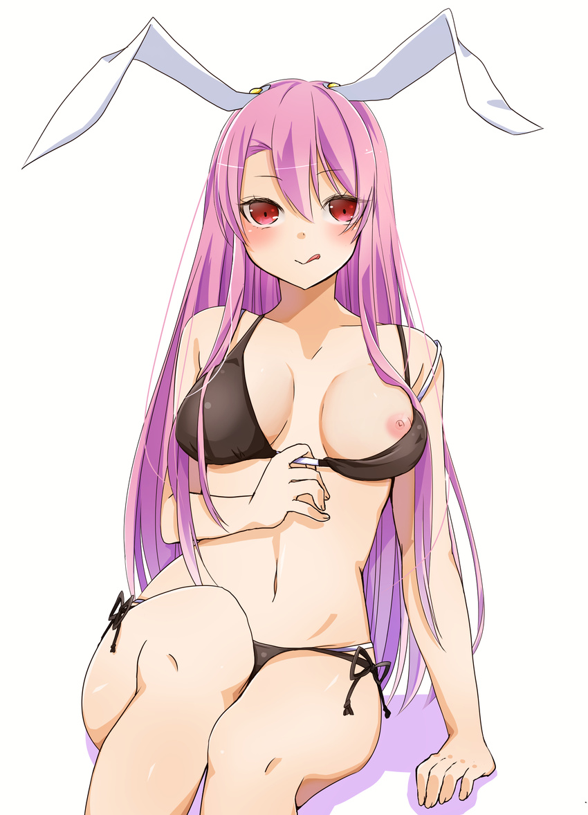 alternate_costume animal_ears areolae arm_support bikini black_bikini breasts breasts_outside bunny_ears highres large_breasts licking_lips long_hair navel nipples one_breast_out purple_hair red_eyes reisen_udongein_inaba side-tie_bikini solo stomach strap_slip swimsuit tongue tongue_out touhou yukina_(masyumaro610)