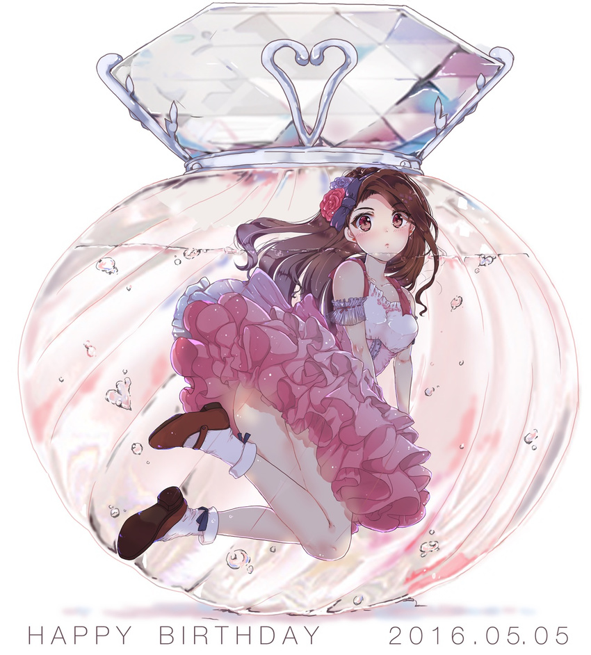 2016 air_bubble arm_garter blush bottle bow brown_eyes brown_footwear brown_hair bubble collarbone dated dress earrings english eyebrows eyebrows_visible_through_hair flower frills full_body hair_bow hair_flower hair_ornament happy_birthday heart highres idolmaster idolmaster_(classic) in_container jewelry long_hair mary_janes minase_iori partially_submerged perfume_bottle pink_flower pink_rose purple_bow purple_flower purple_rose ribbon_trim ricca rose shoes simple_background sleeveless sleeveless_dress socks solo white_background white_legwear