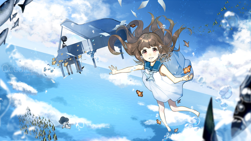 angelfish bare_shoulders barefoot brown_hair bubble cloud clownfish day deemo deemo_(character) dress floating_hair girl_(deemo) highres instrument long_hair masked_lady_(deemo) ocean piano red_eyes sailor_collar sawaco_(sawaco520) smile song_name