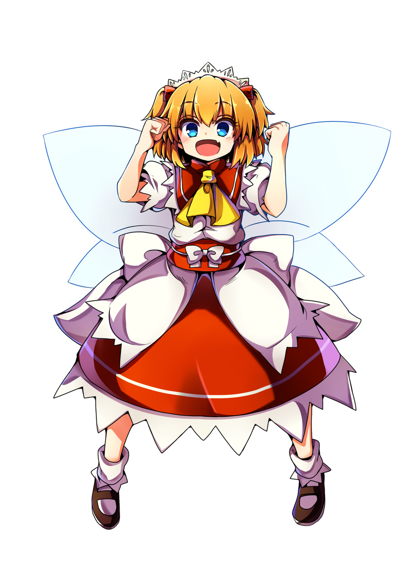 absurdres ascot baba_(baba_seimaijo) blue_eyes brown_hair fairy fairy_wings fang full_body hair_ornament highres obi open_mouth orange_hair puffy_short_sleeves puffy_sleeves red_skirt sash short_sleeves skirt solo sunny_milk tachi-e touhou transparent_background wings