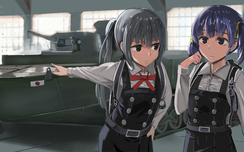 absurdres bangs belt brown_eyes buttons closed_mouth commentary_request cowboy_shot dress grey_hair ground_vehicle hair_ornament hand_on_hip highres japanese_flag kantai_collection kasumi_(kantai_collection) long_hair long_sleeves military military_vehicle motor_vehicle multiple_girls ooshio_(kantai_collection) outstretched_arm pinafore_dress pointing ponytail purple_eyes purple_hair red_ribbon remodel_(kantai_collection) ribbon shirt short_hair short_twintails special_type_2_launch_ka-mi ssamjang_(misosan) tank twintails wavy_mouth white_shirt